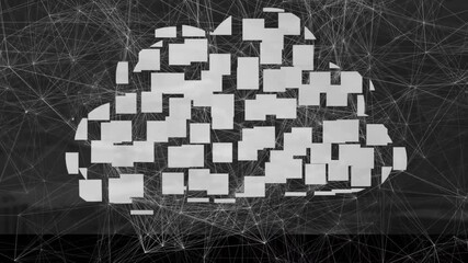 Poster - Animating pixelated cloud floating over dark network grid in flat design, showing block links