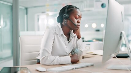 Aufkleber - Call center, thinking and black woman in office bored for customer service, online help and CRM support. Professional, consultant and tired worker on computer for feedback, contact us and advice