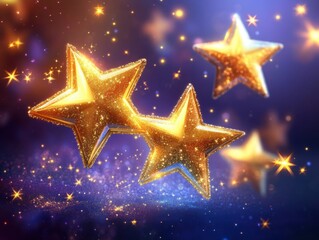 Poster - Golden stars float in a dreamy blue space background with sparkling lights and bokeh effect for holidays and celebrations