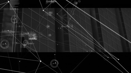 Poster - Monochrome network nodes connecting over highrise facade, displaying floating charts and gauges
