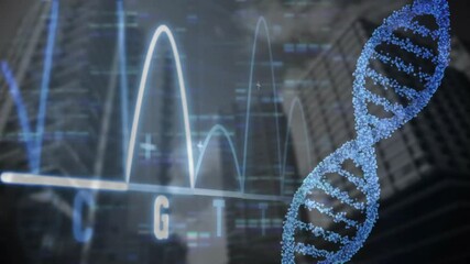Poster - DNA double helix visualization floating atop nucleotide waveform graphs and code above skyline