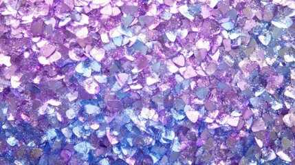 Poster - Shimmering Pile of Iridescent Heart Confetti in Purple and Blue Tones Flat Lay Macro Abstract Background for Party Decoration or Special Occasion