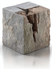 Poster - Abstract Stone Cube with Interior Crack Detail Studio Shot on White Background Concept of Fragility and Strength