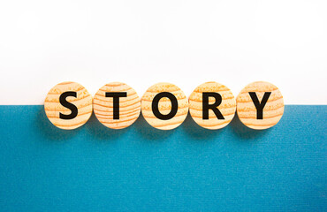 Fototapete - Story symbol. Concept word Story on beautiful wooden circles. Beautiful white and blue background. Business lifestyle story concept. Copy space.