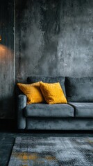 Poster - Moody Interior with Gray Sofa and Yellow Pillows in Modern Living Room, Low Angle, Dramatic Lighting, Home Decor