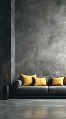Poster - Modern Interior with Gray Sofa and Yellow Pillows Against Textured Wall in Minimalist Style