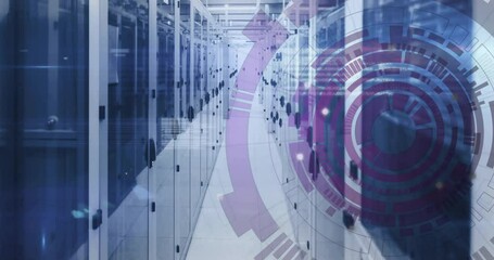 Poster - data center corridor showing server cabinets with cabling, featuring flat design interface overlay