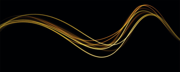 Poster - Golden glowing shiny spiral speed lines yellow light effect. Curved bright line of light for holiday banners. Glittering wavy trail.