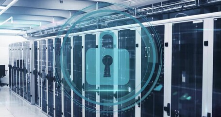 Poster - Digital padlock icon floating over server corridor, showcasing cybersecurity theme in 3D render