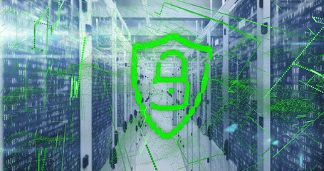 Poster - Displaying green shield and padlock moving through data center with server racks and binary code