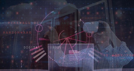Poster - Image of cyber security data processing over male hacker and caucasian man wearing vr headset