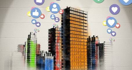 Poster - Image of media icons over cityscape