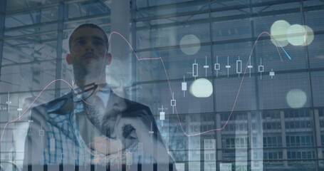 Aufkleber - image of financial data over caucasian businessman walking and tired man