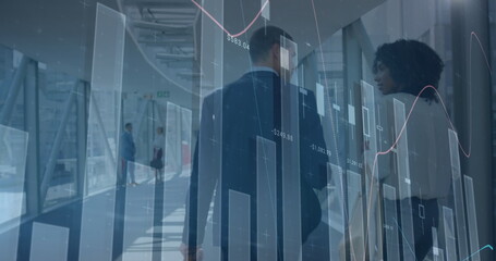 Poster - Image of financial data over diverse businesspeople walking in office