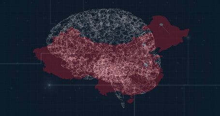 Poster - Image of brain rotating over map on black background