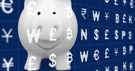 Poster - Image of currency icons over piggy bank on blue background