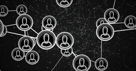 Poster - Image of icons, dots and connections on black background