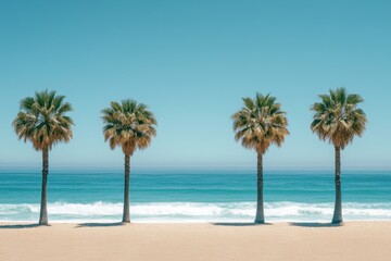Poster - Five palm trees lined along the shoreline under a clear sky with calm ocean waves lapping at the sandy beach during midday
