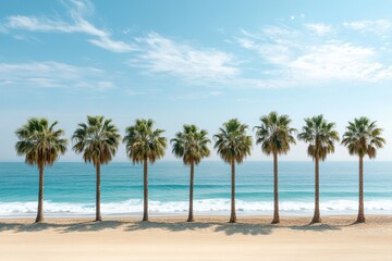 Poster - Five palm trees lined along the shoreline under a clear sky with calm ocean waves lapping at the sandy beach during midday