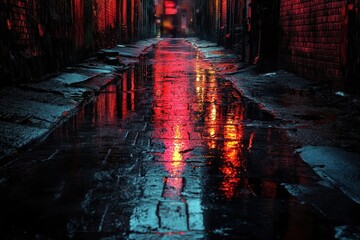 Poster - Urban alleyway at night showcases colorful neon lights reflecting off wet pavement