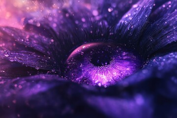 Fototapete - Close-up view of a purple flower with glistening droplets, showcasing intricate details and vibrant colors under soft light in a serene garden setting