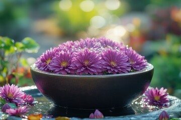 Aufkleber - Close-up view of a purple flower with glistening droplets, showcasing intricate details and vibrant colors under soft light in a serene garden setting