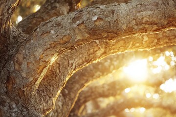 Poster - Sunlight filtering through lush green leaves of a towering tree on a sunny day in a serene outdoor setting
