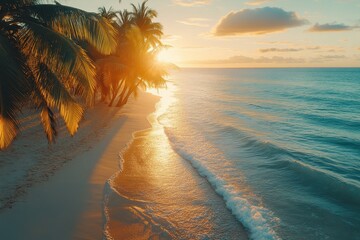 Poster - Beautiful tropical beach during sunset with palm trees lining the shore and gentle waves lapping at the golden sand in a serene coastal paradise