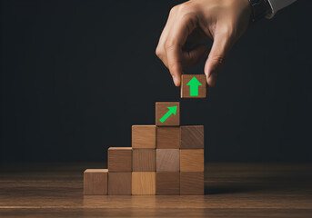 Poster - achieving business growth strategy hand placing wooden blocks upward arrow progress success