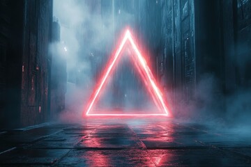 Poster - Bright neon triangle illuminates a dark alley filled with mist, creating a mysterious and futuristic atmosphere at night