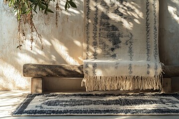 Poster - Cozy natural fibers adorn a sunlit room in a rustic setting with soft textures, inviting relaxation and tranquility on a warm afternoon
