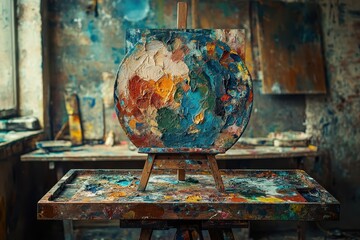 Poster - Vivid colors and textures on an artist's paint-stained table in a rustic studio filled with creative energy and inspiration during the day
