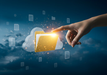 Fototapete - Hand reaching for a glowing digital folder in a cloud computing network representing data storage and access.