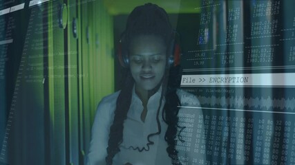 Poster - Female IT technician inspecting server racks in data center, showing animated encrypted code bar