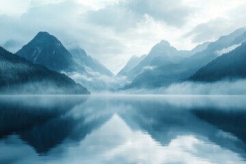 Aufkleber - Majestic autumn landscape at a serene lake surrounded by towering mountains during early morning light in a calm and tranquil setting