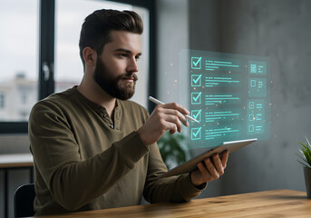 Poster - Man using digital checklist on tablet for task management and productivity at home office workspace