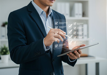 Poster - Businessman using digital checklist app on tablet for project management and task completion online now