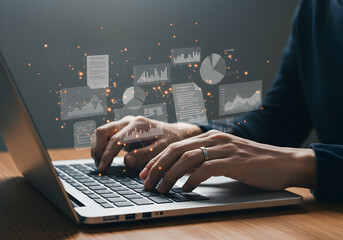 Fototapete - Analyzing data charts and graphs on laptop for business intelligence and financial reporting analytics work