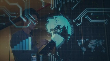 Poster - Man with glasses and lanyard operating holographic globe rising chart and circuit lines in tech lab