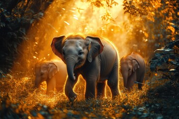 Aufkleber - Young elephant walking through golden sunlight in lush forest during late afternoon, showcasing vibrant nature and wildlife in serene environment