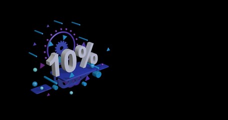 Poster - White 10 percent symbol on a pedestal of abstract geometric shapes floating in the air. Abstract concept art with flying shapes on the left. 3d illustration on black background