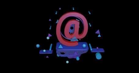 Poster - Red at symbol on a pedestal of abstract geometric shapes floating in the air. Abstract concept art with flying shapes in the center. 3d illustration on black background