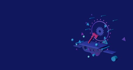 Poster - Pink ax symbol on a pedestal of abstract geometric shapes floating in the air. Abstract concept art with flying shapes on the right. 3d illustration on indigo background