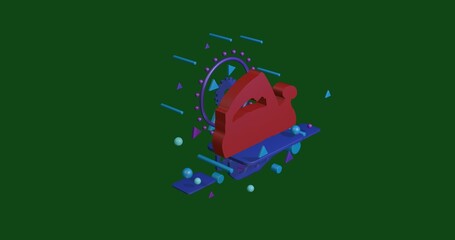Poster - Red electric plane symbol on a pedestal of abstract geometric shapes floating in the air. Abstract concept art with flying shapes in the center. 3d illustration on green background