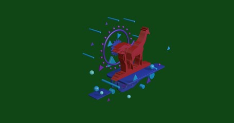 Poster - Red giraffe symbol on a pedestal of abstract geometric shapes floating in the air. Abstract concept art with flying shapes in the center. 3d illustration on green background