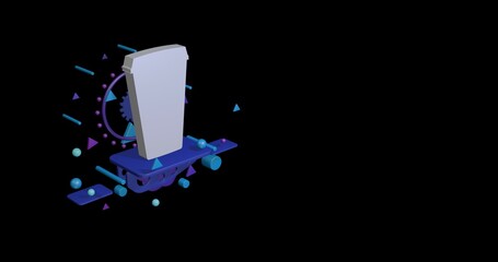 Poster - White paper coffee cup on a pedestal of abstract geometric shapes floating in the air. Abstract concept art with flying shapes on the left. 3d illustration on black background