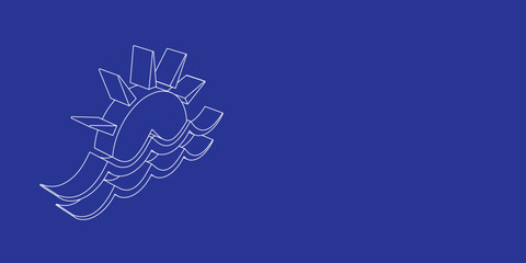 Poster - The outline of a large sunrise at sea symbol made of white lines on the left. 3D view of the object in perspective. Vector illustration on indigo background