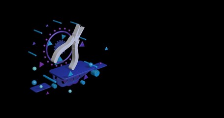 Poster - White round pliers symbol on a pedestal of abstract geometric shapes floating in the air. Abstract concept art with flying shapes on the left. 3d illustration on black background