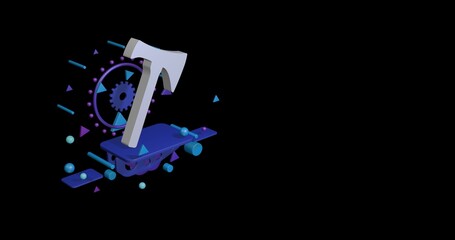 Poster - White axe symbol on a pedestal of abstract geometric shapes floating in the air. Abstract concept art with flying shapes on the left. 3d illustration on black background