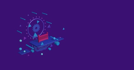 Poster - Pink baby cot symbol on a pedestal of abstract geometric shapes floating in the air. Abstract concept art with flying shapes on the left. 3d illustration on deep purple background